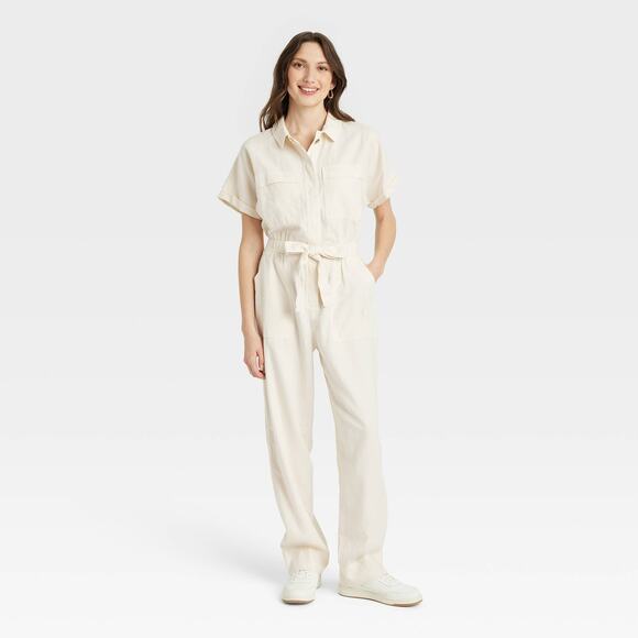 Universal Thread Pants - LINEN Blend Jumpsuit Short Sleeve Women's Size 8 Cream Minimalist Utility Work